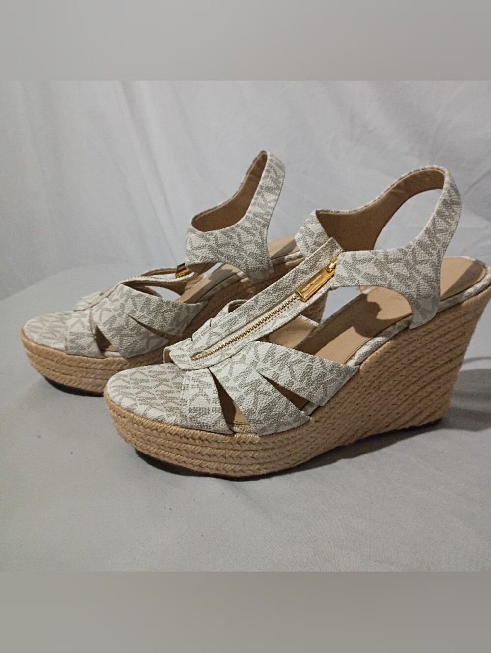 Michael Kors Neutral Beige Logo Espadrille 8.5 Wedge Sandals with Front Zips